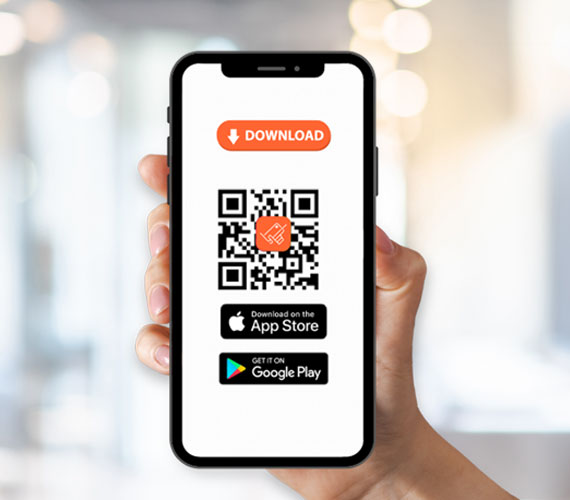 DigiVCard mobile app download screen with QR code, available on the App Store and Google Play for smart networking and digital business card management.