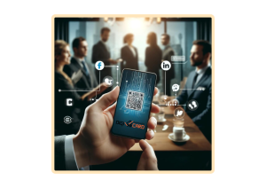 Business professionals networking with a digital business card featuring a QR code and NFC technology.
