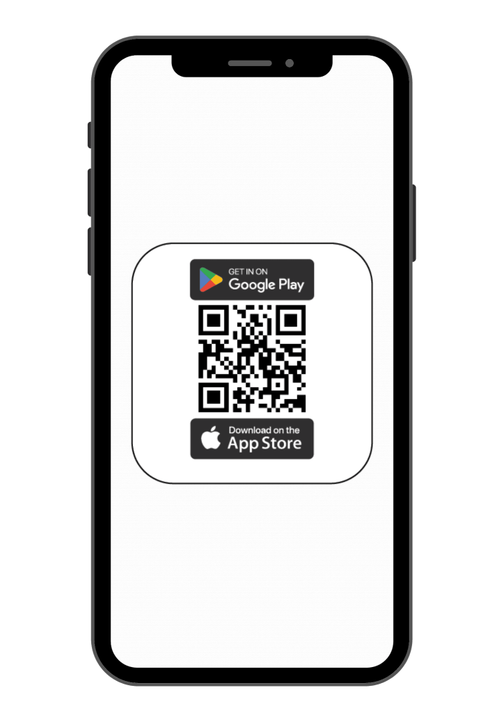 A smartphone screen displaying a QR code with Google Play and Apple App Store download buttons for the DigiVCard mobile app.