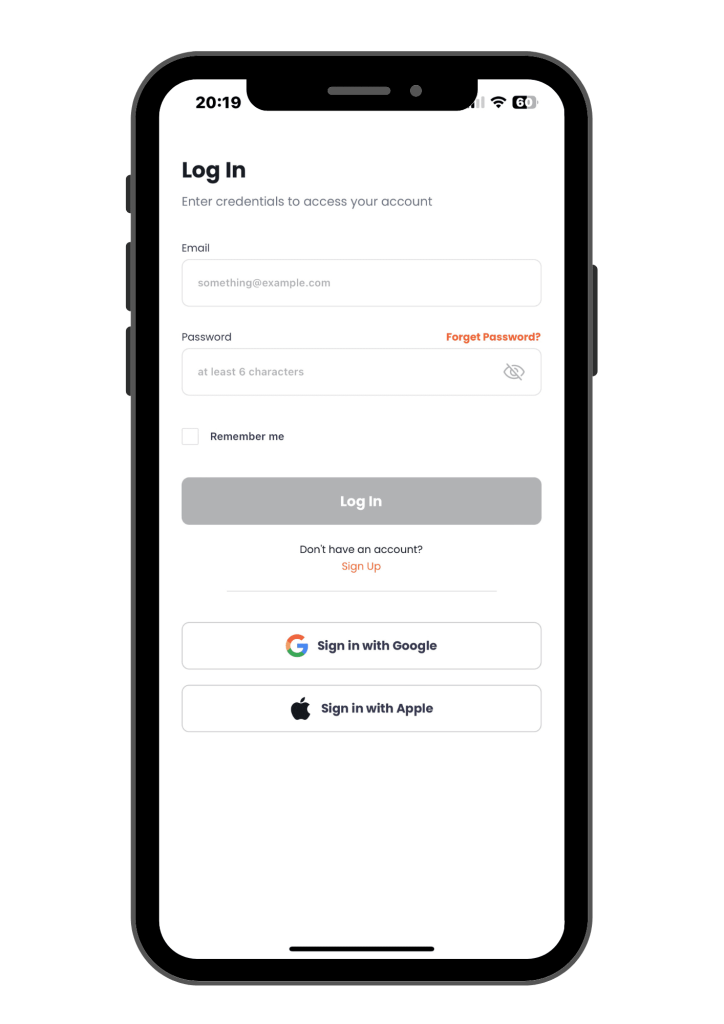 Mobile login screen for DigiVCard with email, password, and social login options for Google and Apple.