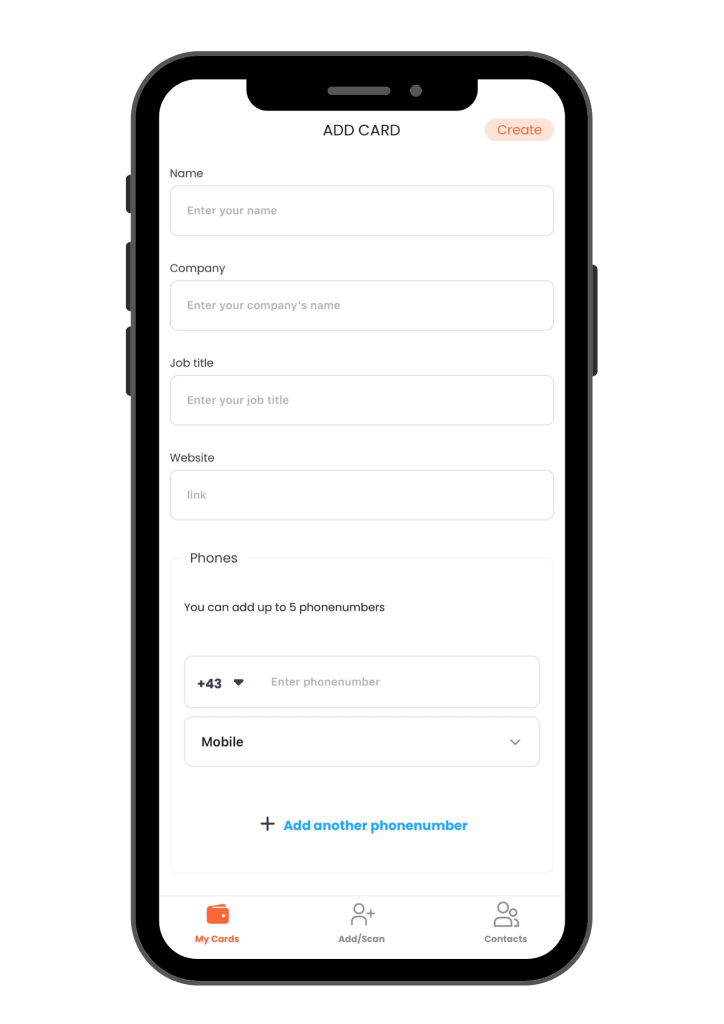 DigiVCard mobile app interface for adding a digital business card with fields for name, company, job title, website, and phone numbers.