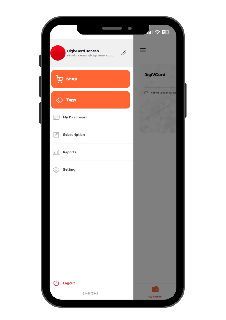 DigiVCard mobile app dashboard showing user profile, shop, tags, reports, and subscription options.