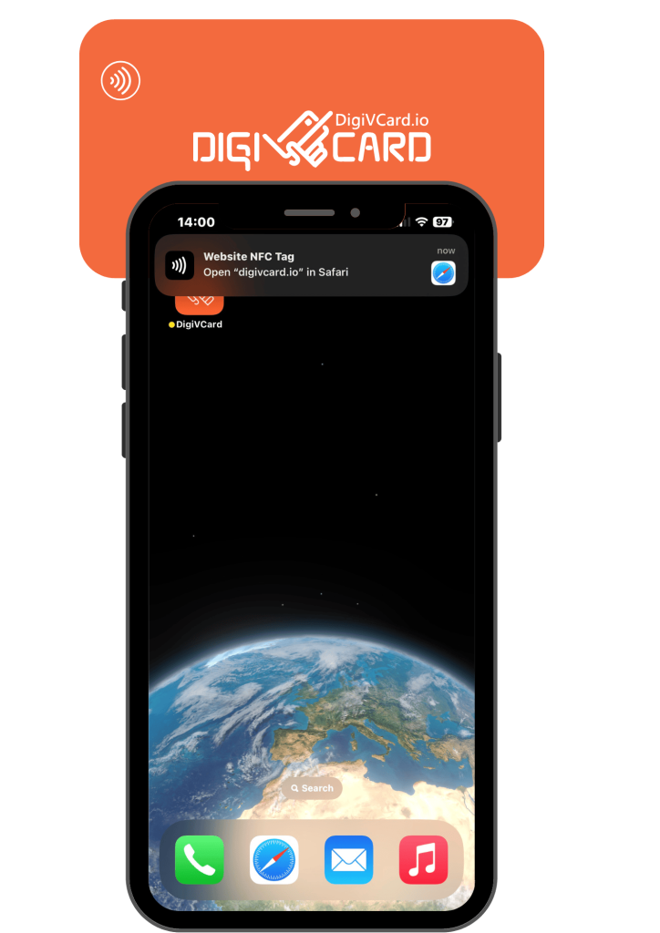 A smartphone receiving an NFC notification from a DigiVCard digital business card, prompting the user to open the website in Safari.