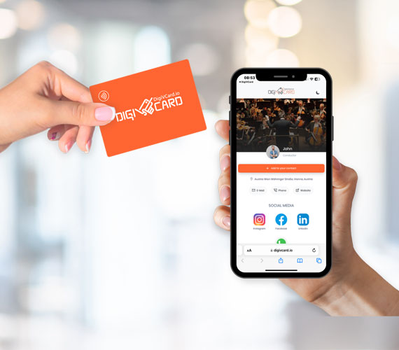 DigiVCard NFC business card being tapped to connect with a smartphone for instant digital contact sharing.