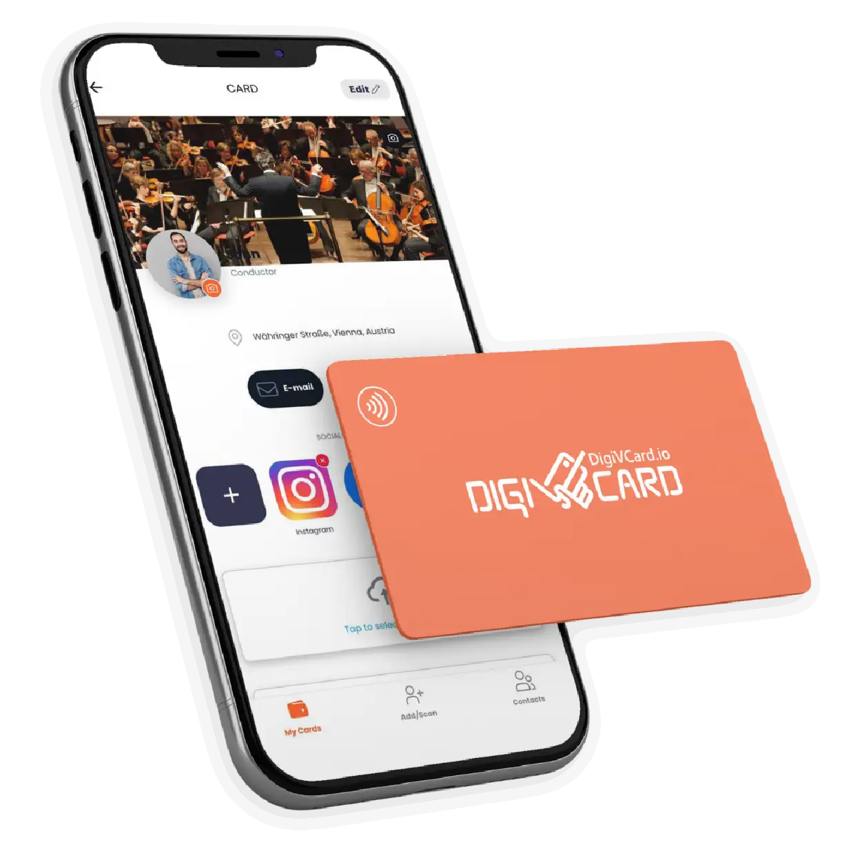 A smart NFC business card placed on a smartphone displaying a DigiVCard digital business profile, showcasing tap-to-connect networking.