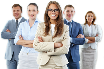 A confident business team standing together, symbolizing smart networking and professional connections powered by DigiVCard digital business cards.