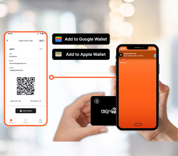 DigiVCard NFC business card enabling tap-to-connect digital networking with Google Wallet and Apple Wallet integration.
