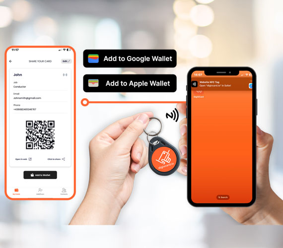 DigiVCard NFC keychain enabling tap-to-connect digital business card sharing with Apple Wallet and Google Wallet integration.