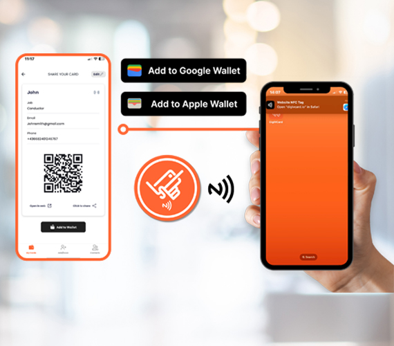 DigiVCard NFC sticker enabling tap-to-connect digital business card sharing with Google Wallet and Apple Wallet integration.