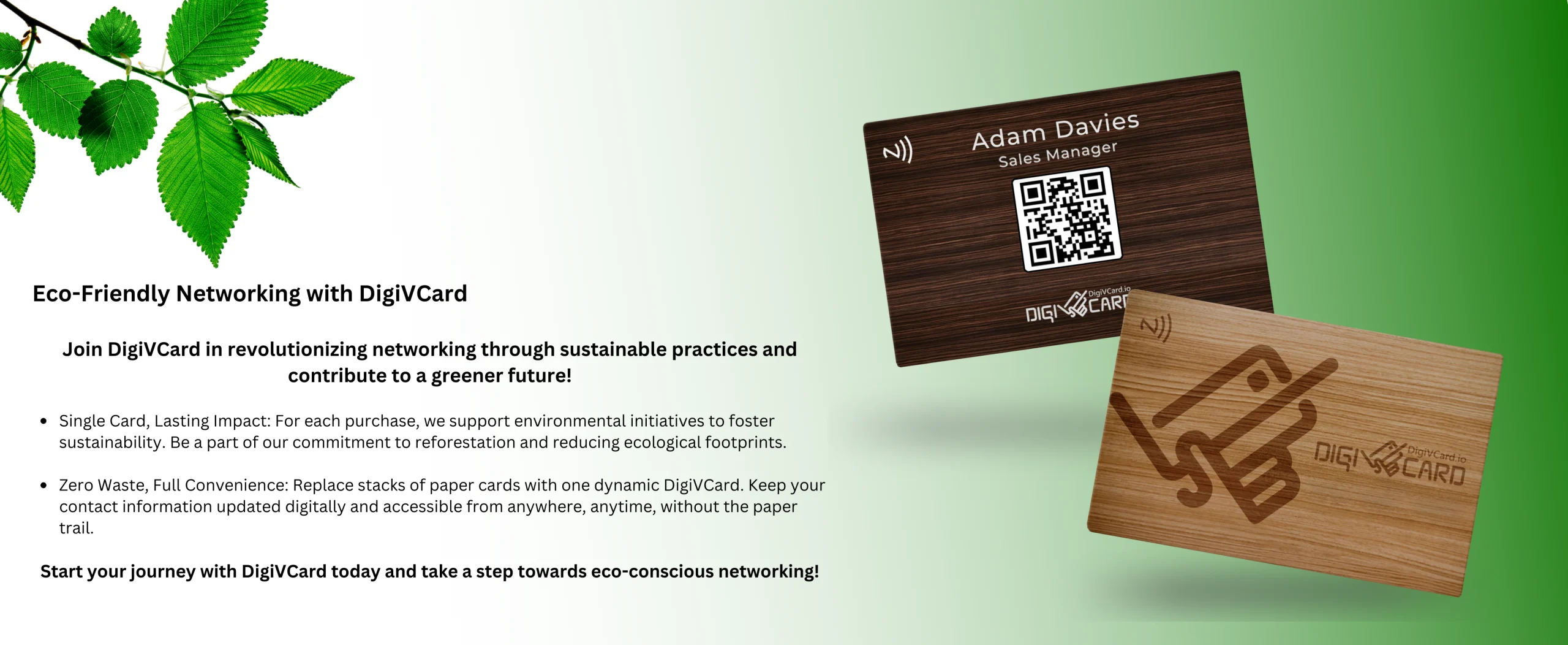 Sustainable wooden NFC business cards by DigiVCard, promoting eco-friendly networking and reducing paper waste.