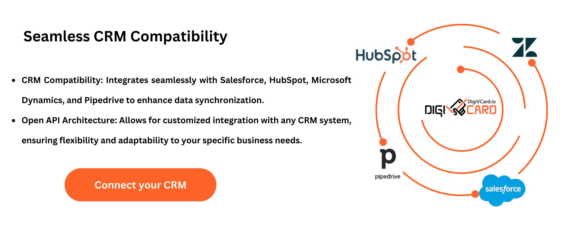 DigiVCard integrates seamlessly with leading CRM systems like Salesforce, HubSpot, Microsoft Dynamics, Pipedrive, and Zendesk for enhanced data synchronization.
