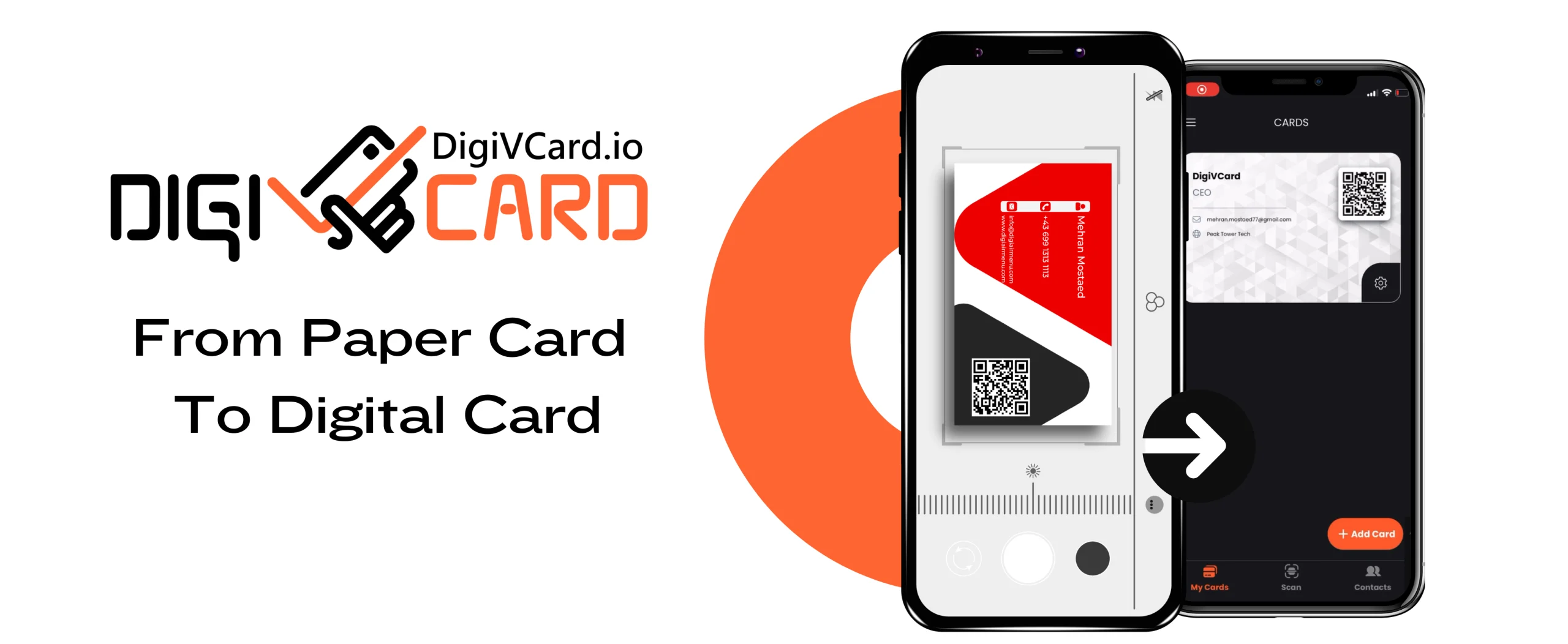DigiVCard banner showcasing seamless conversion from paper business cards to digital cards using a mobile app.